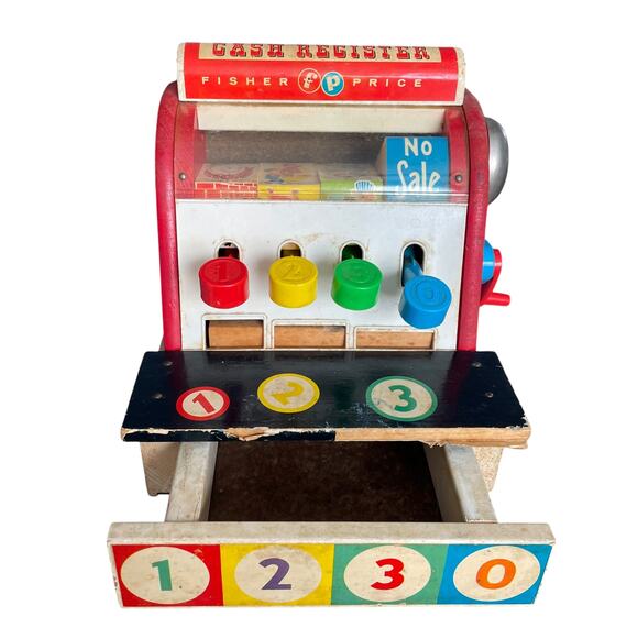 Vintage 1963 Fisher Price Wood Cash Register No Coins Bell Rings Wooden READ - Picture 1 of 11